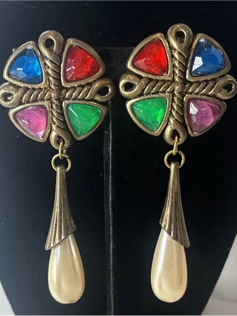 80s Glam Bold Clip-On Earrings‎ Retro Multi-Color Gem & Pearl Dangle